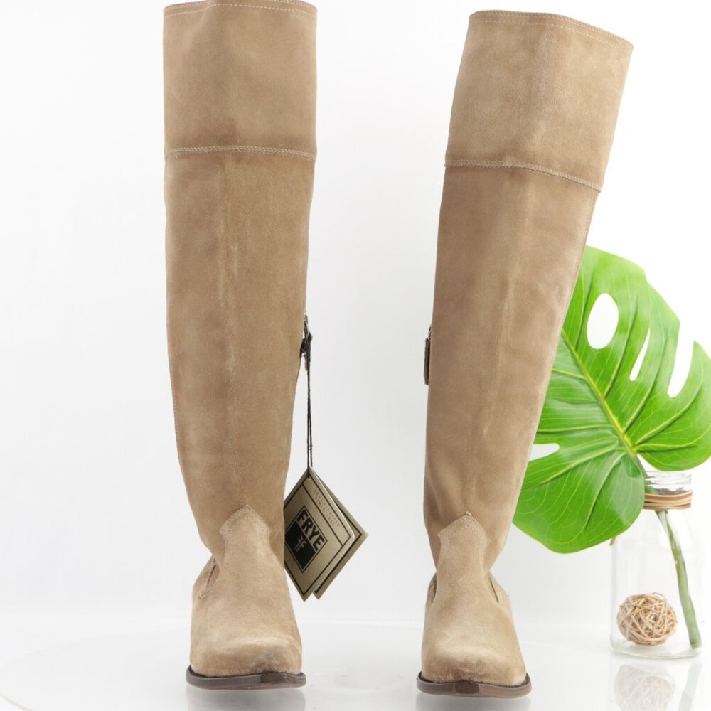 Frye Womens Sacha OTK Riding Boot Size 6.5 Tan Suede Western Block‎ Heel Pointed - Picture 2 of 16
